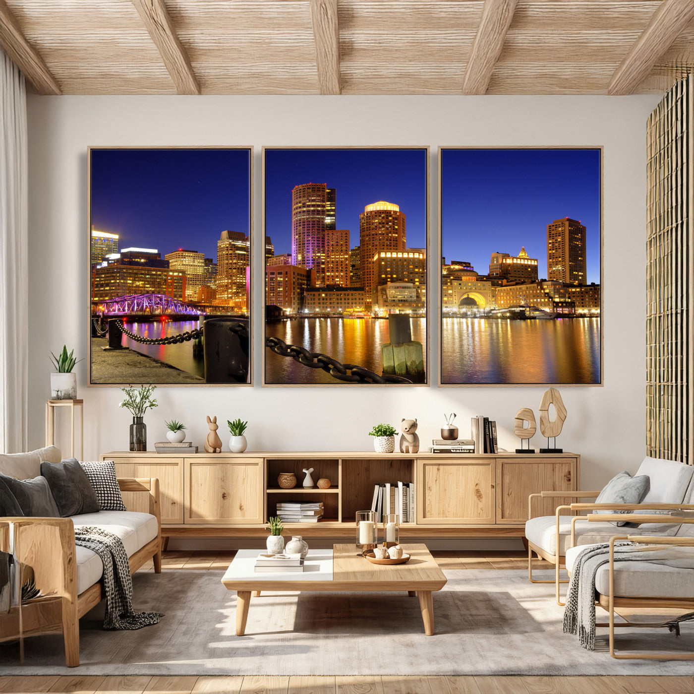 56611117-MGV-CV-36X24 - Boston Wall Art Canvas Print, Boston City Downtown Night Cityscape Print for Modern Urban Wall Decor