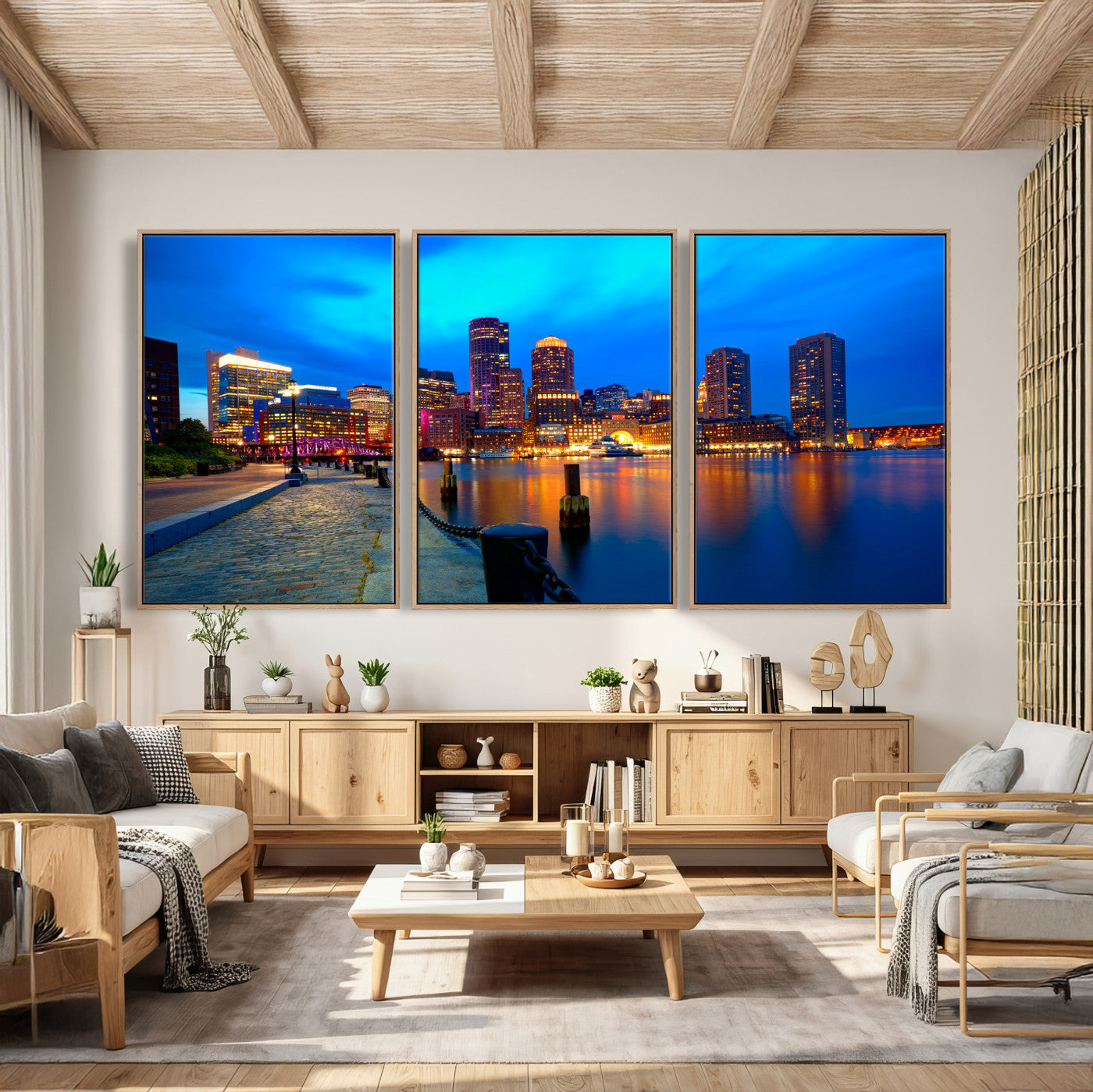 69619565-MGV-CV-36X24 - Boston Wall Art Canvas Print, Boston City Downtown Night Cityscape Print for Modern Urban Wall Decor