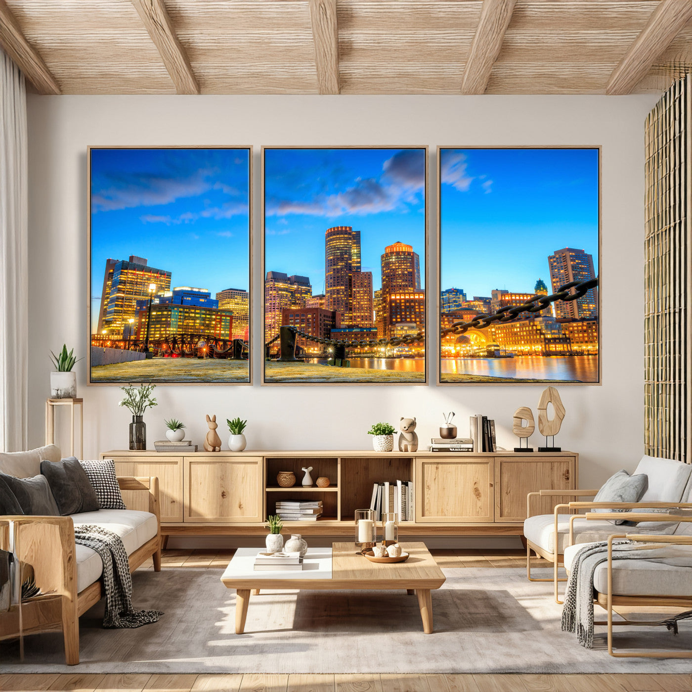46736409-MGV-CV-36X24 - Boston Wall Art Canvas Print, Boston City Downtown Night Cityscape Print for Modern Urban Wall Decor