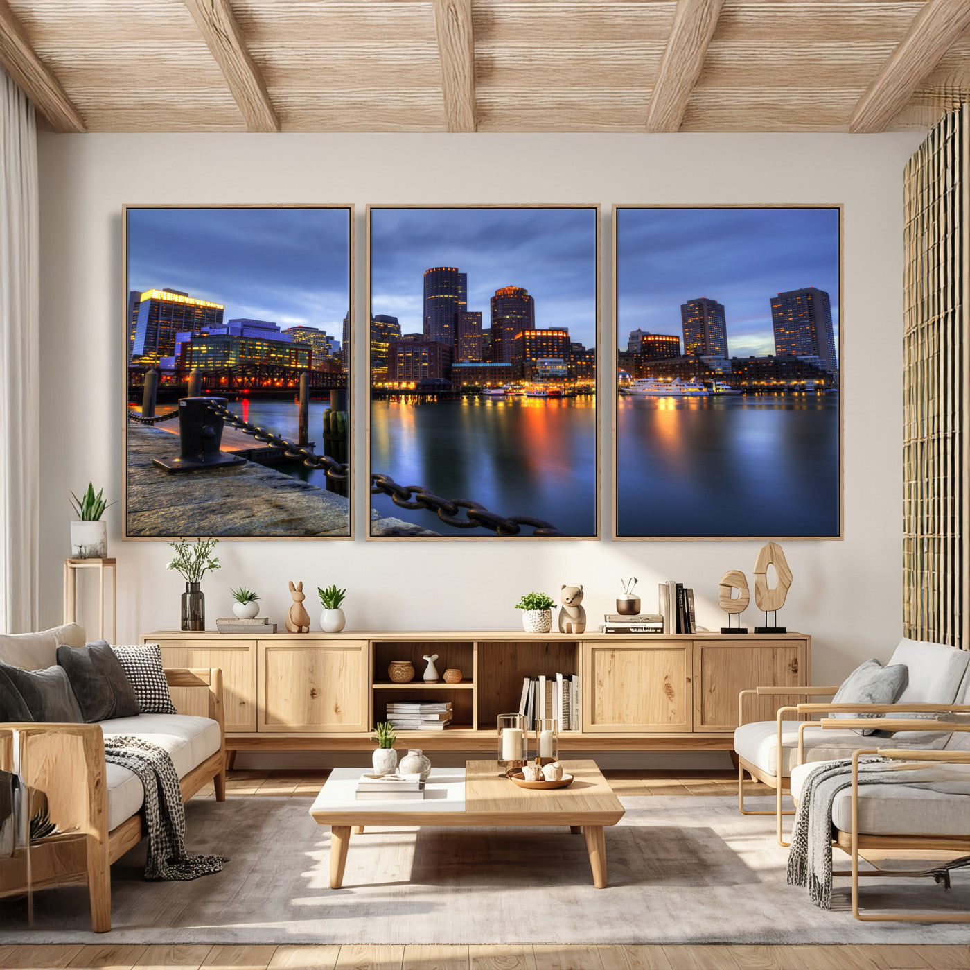 82439622-MGV-CV-36X24 - Boston Wall Art Canvas Print, Boston City Downtown Night Cityscape Print for Modern Urban Wall Decor