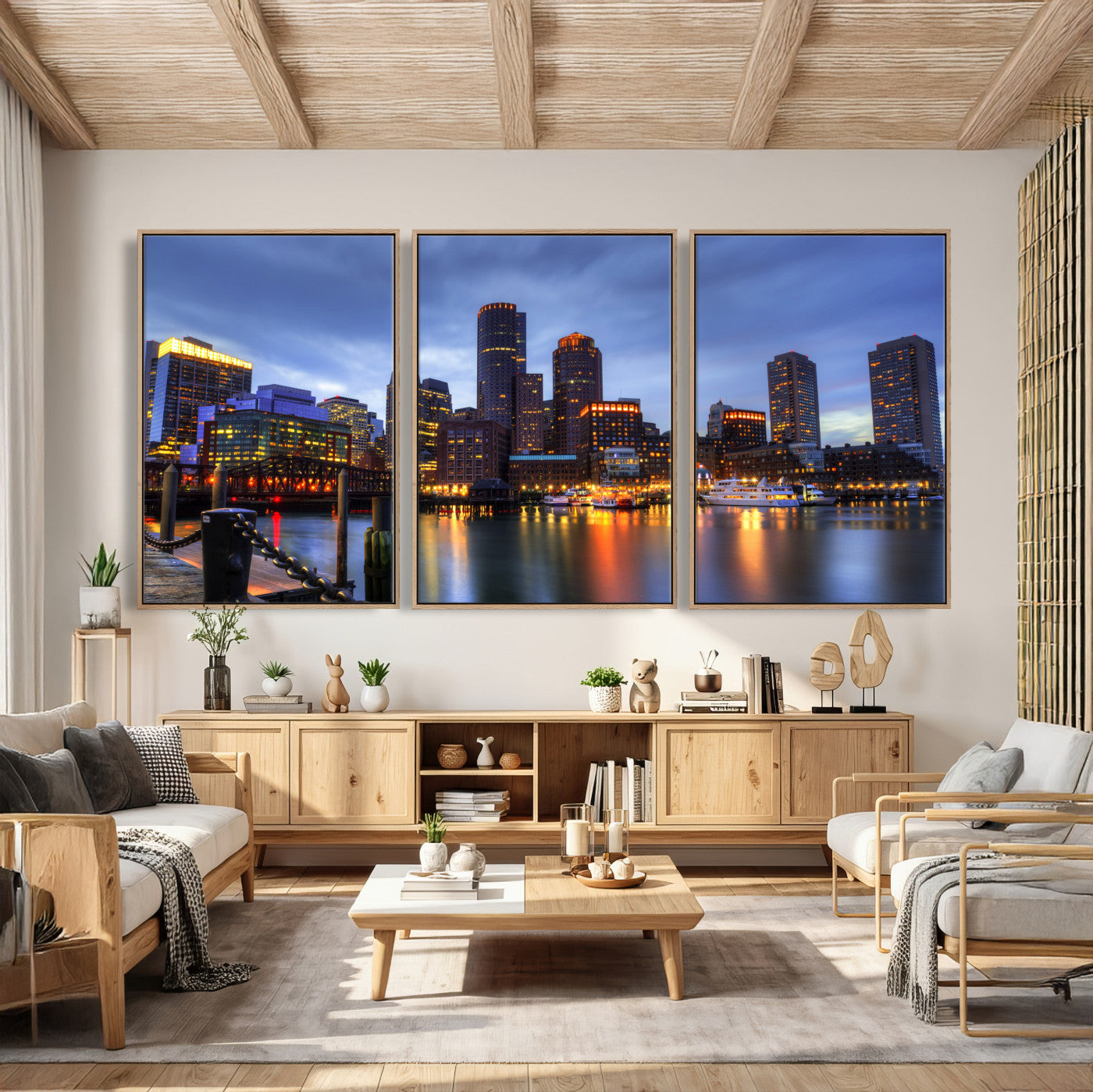 74951698-MGV-CV-60X30-3P - Boston Wall Art Canvas Print, Boston City Downtown Night Cityscape Print for Modern Urban Wall Decor