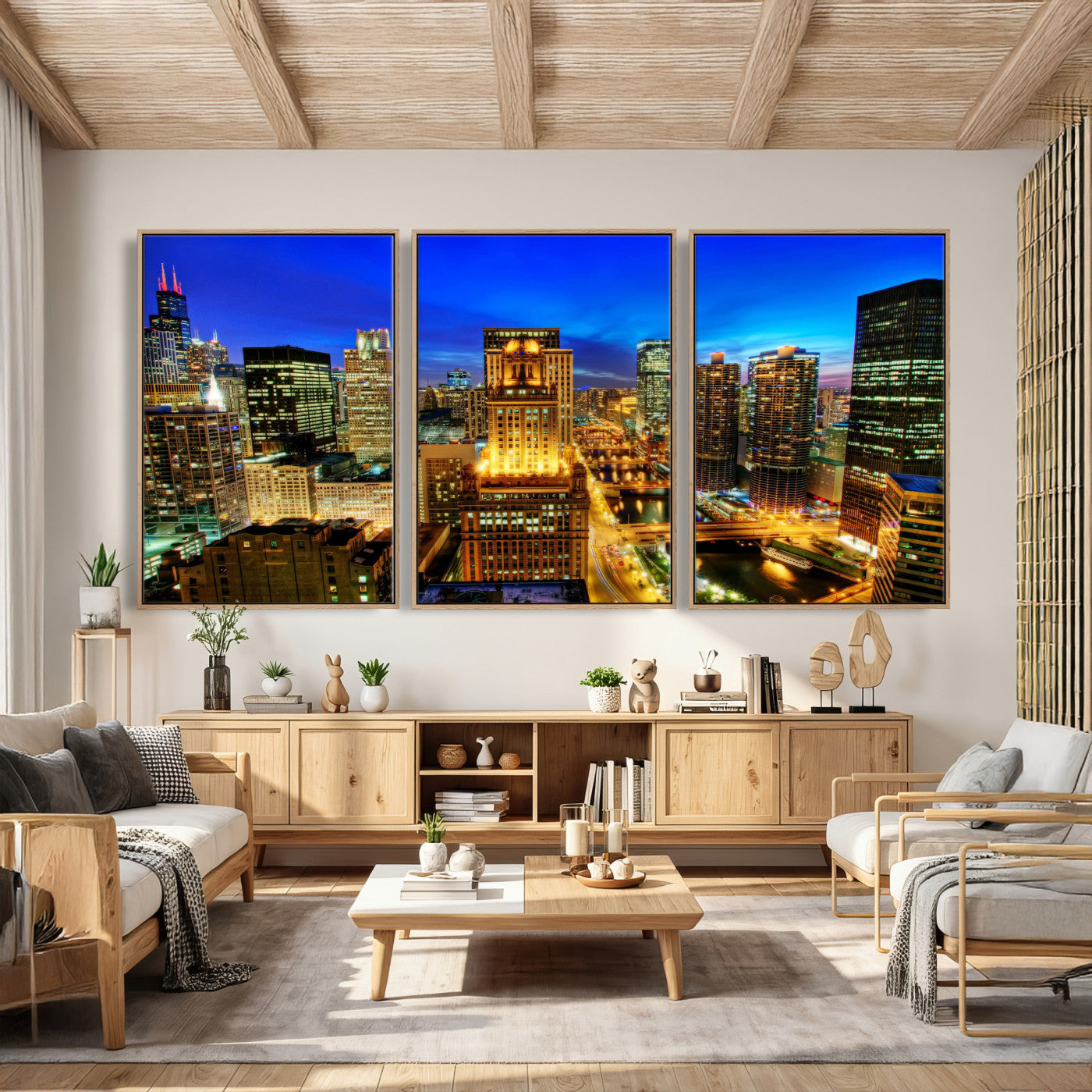46298885-MGV-CV-36X24 - Chicago Wall Art Canvas Print, Chicago City Downtown Night Cityscape Print for Modern Urban Wall Decor