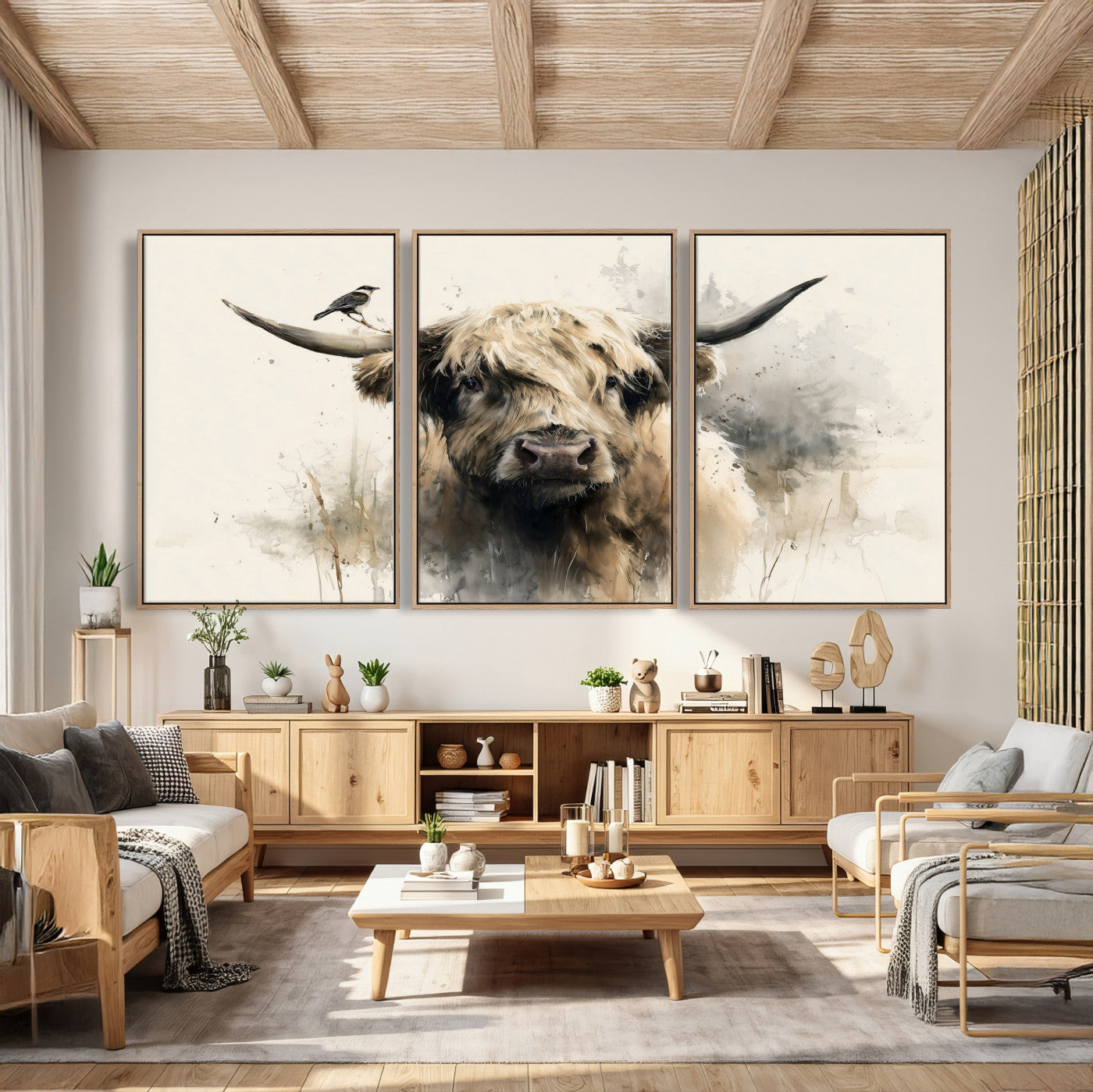 98249290-MGV-CV-36X24 - Abstract Highland Cow Watercolor Animal Wall Art Canvas Print, Rustic Farm Cattle Portrait Canvas Print, Neutral Wildlife Farmhouse Art Printing