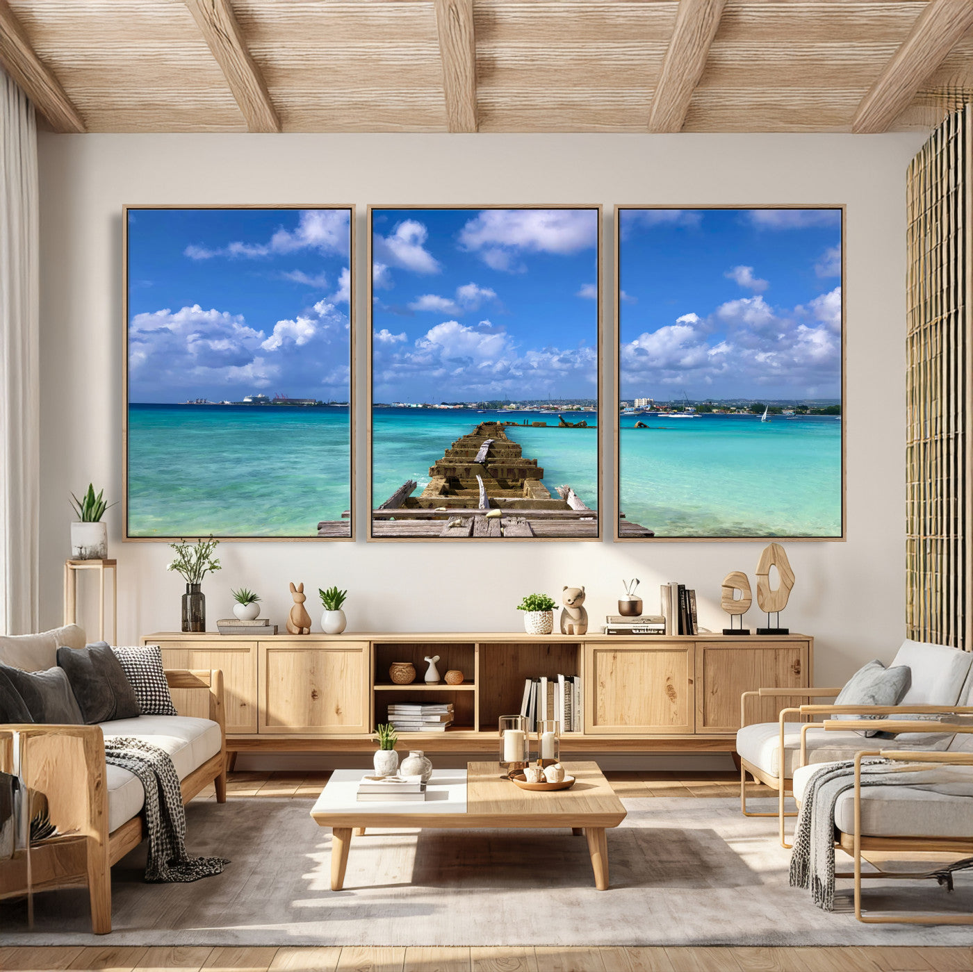 43165024-MGV-CV-36X24 - Caribbean Ocean Pier Seascape Wall Art Canvas Print, Turquoise Sea Tropical Harbor Canvas Print, Island Coastal Blue Water Scenic Art Printing