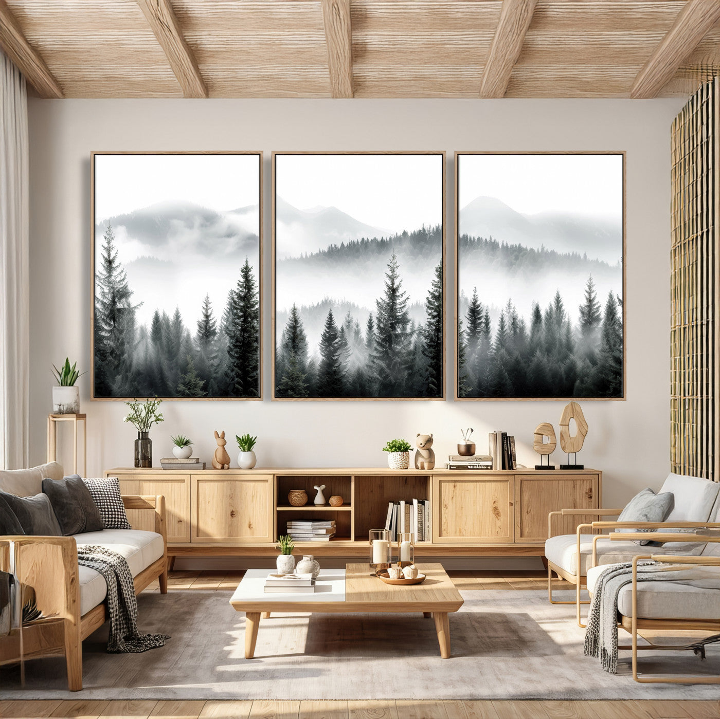 38819032-MGV-CV-36X24 - Misty Pine Forest Mountain Landscape Wall Art Canvas Print, Foggy Evergreen Trees Minimal Nature Canvas Print, Monochrome Wilderness Scenic Art Printing