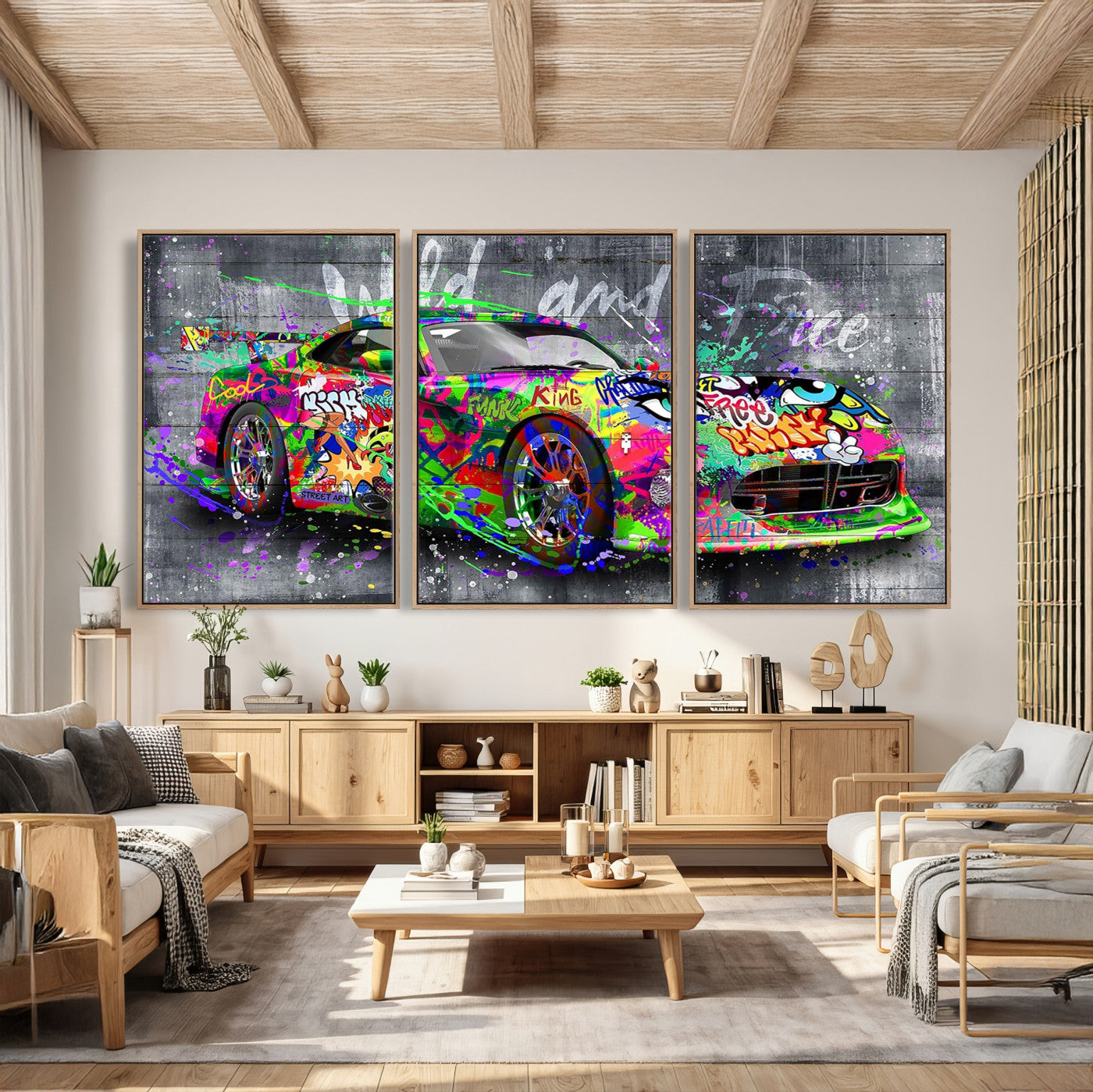 95314968-MGV-CV-36X24 - Graffiti Sports Car Street Art Wall Art Canvas Print, Colorful Urban Supercar Pop Art Canvas Print, Modern Graffiti Car Contemporary Art Printing