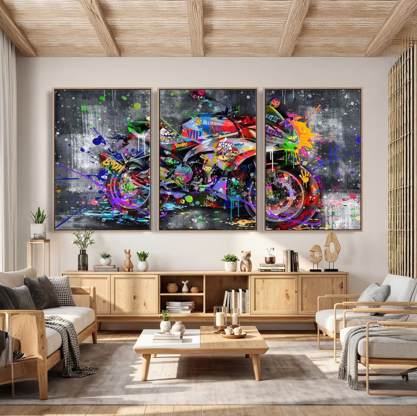 83021767-MGV-CV-36X24 - Graffiti Motorcycle Wall Art Canvas Print, Urban Street Art Motorbike Decor, Colorful Graffiti Sports Bike Artwork