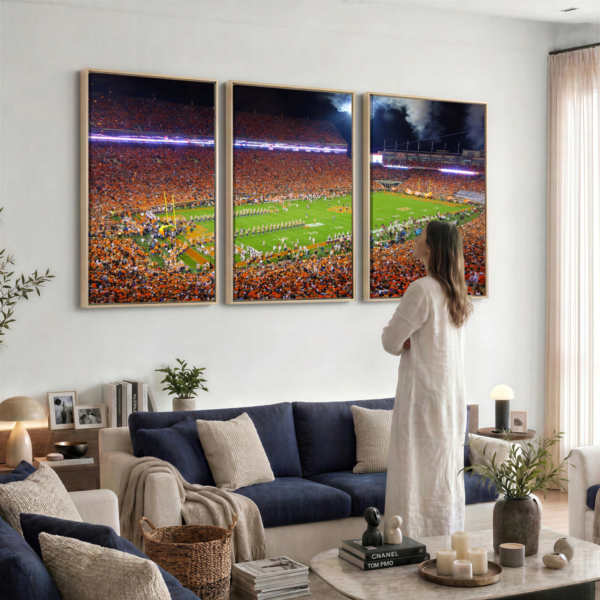 43662631-MGV-CV-36X24 - Clemson Football Stadium Wall Art Canvas Print, College Football Crowd Night Game Scene, Orange Stadium Panorama Wall Decor