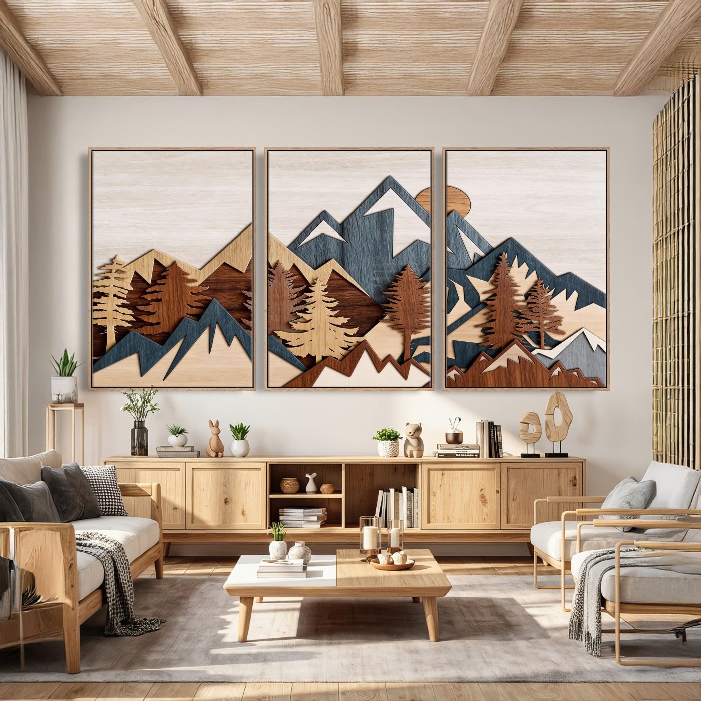 39888898-MGV-CV-36X24 - Layered Wooden Mountain Wall Art Canvas Print, Modern Rustic Forest and Pine Landscape Wall Decor