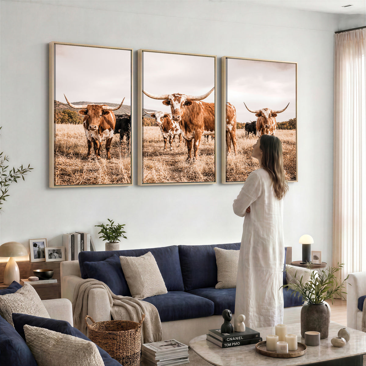 27539727-MGV-CV-36X24 - Texas Longhorn Cattle Wall Art Canvas Print, Sepia Western Decor