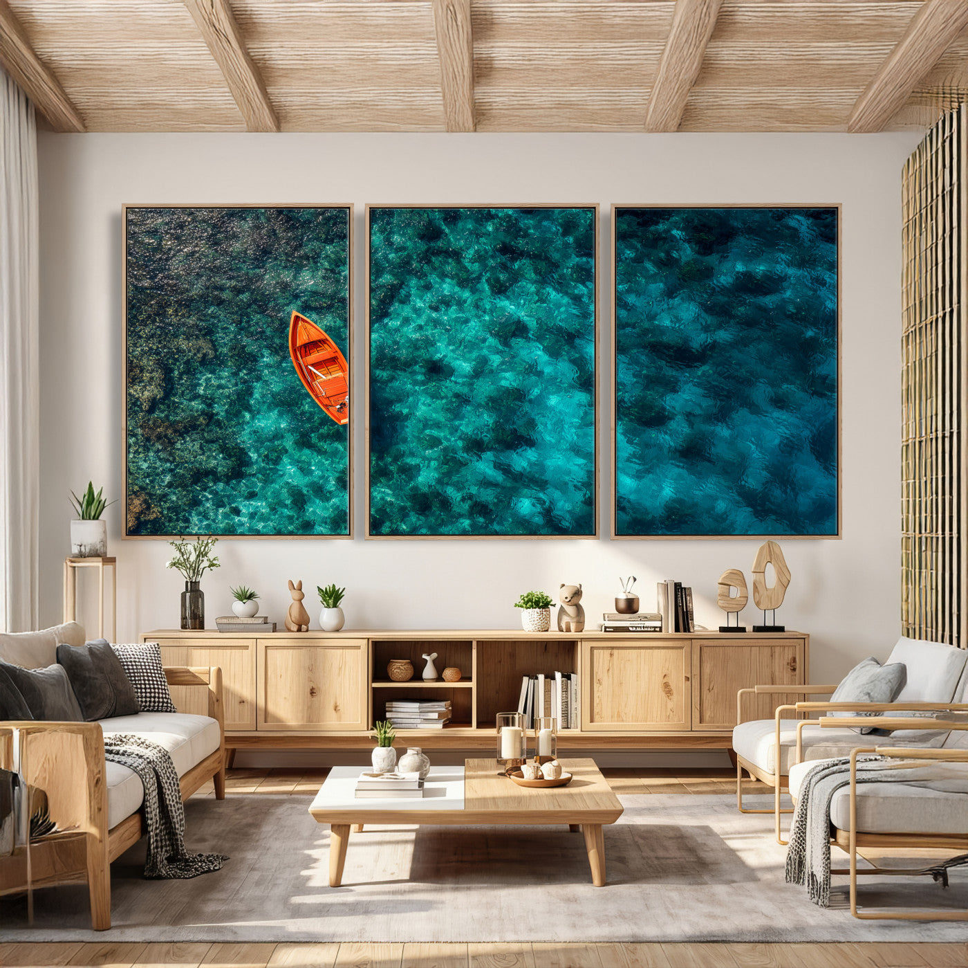 51638658-MGV-CV-36X24 - Turquoise Ocean Boat Wall Art Canvas Print, Aerial Sea Landscape Artwork, Minimal Coastal Water Scene, Modern Blue Ocean Canvas Wall Art Print