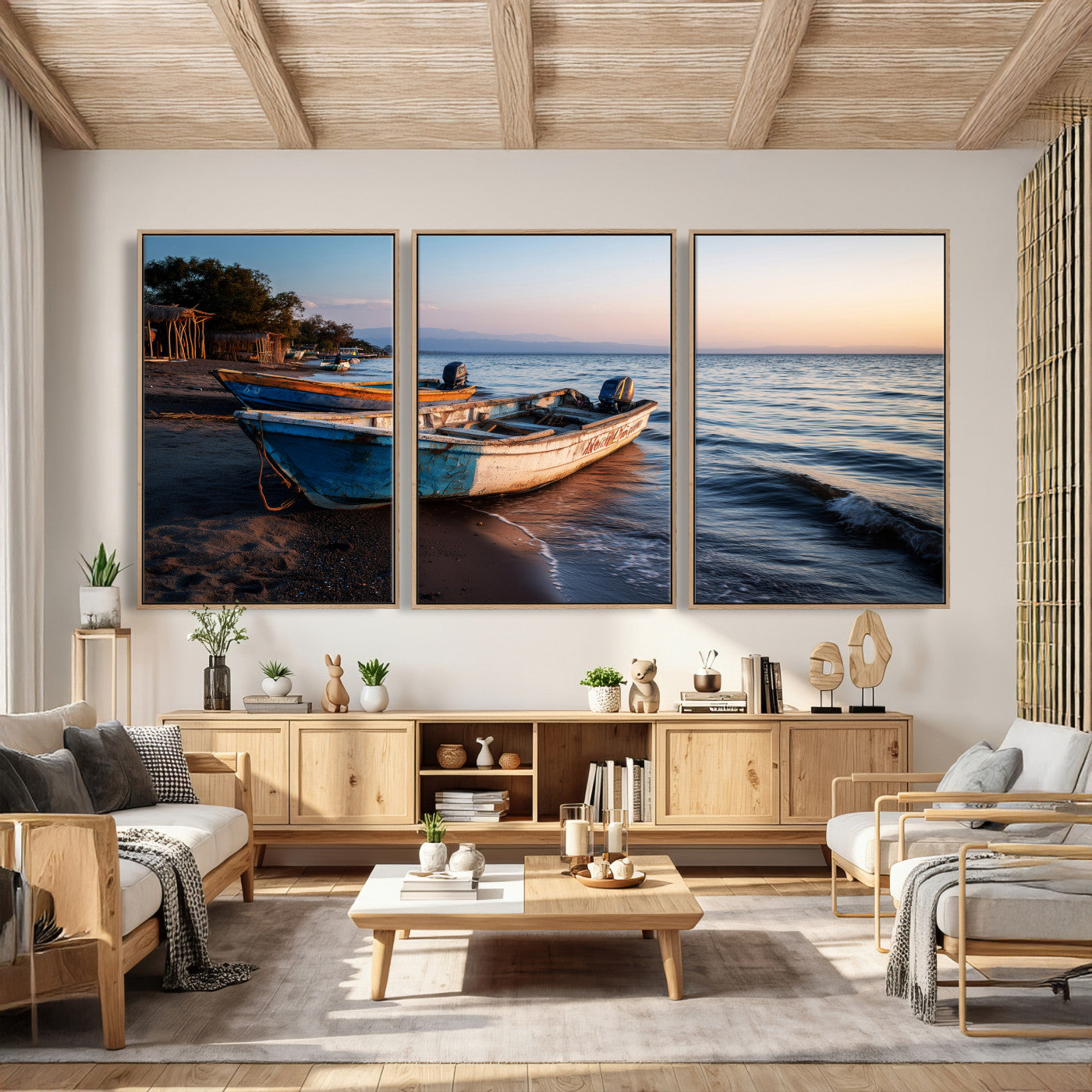 48310406-MGV-CV-36X24 - Coastal Fishing Boats Wall Art Canvas Print, Sunset Beach Boat Scene, Rustic Seaside Landscape Artwork, Calm Ocean Shore Wall Art