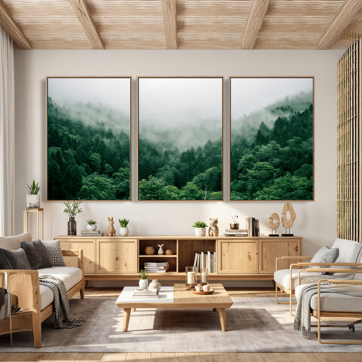 61640815-MGV-CV-36X24 - Misty Pine Forest Wall Art Canvas Print, Foggy Evergreen Landscape Wall Decor, Moody Green Nature Artwork, Minimal Forest Canvas Wall Art, Framed Canvas Wall Art Ready to Hang