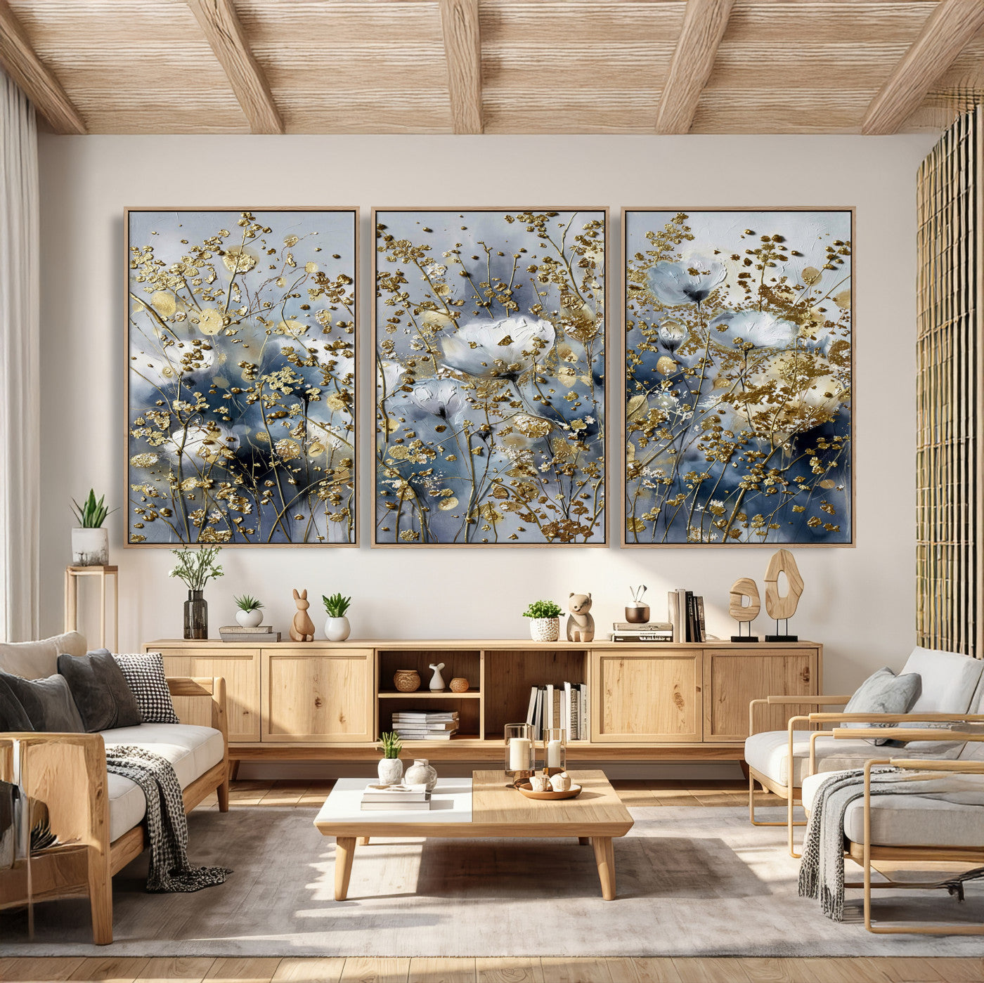 24499670-MGV-CV-36X24 - Abstract Floral Wall Art Canvas Print – Gold and Blue Botanical Artwork for Living Room, Bedroom, and Office Decor