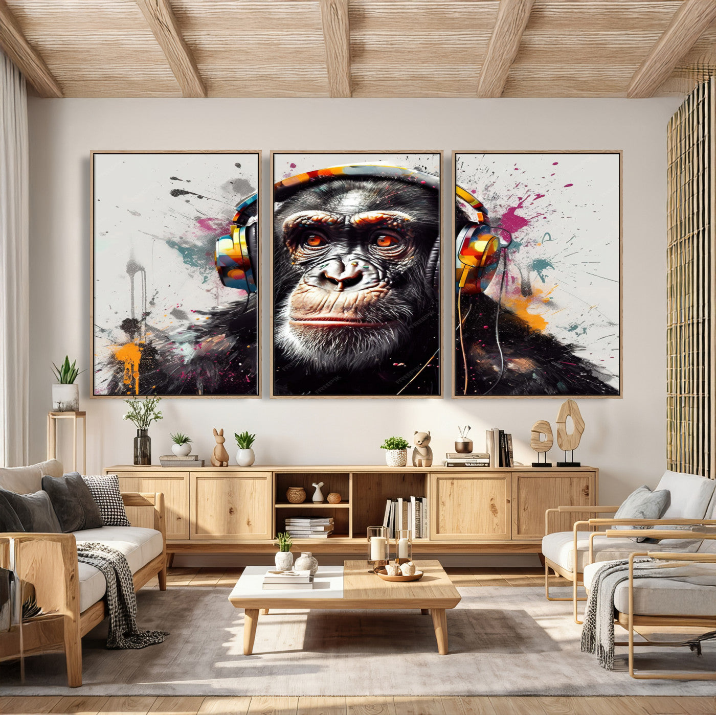 31244985-MGV-CV-36X24 - Dj Monkey Wall Art Canvas Print – Colorful Pop Art Banksy Graffiti Chimpanzee Print