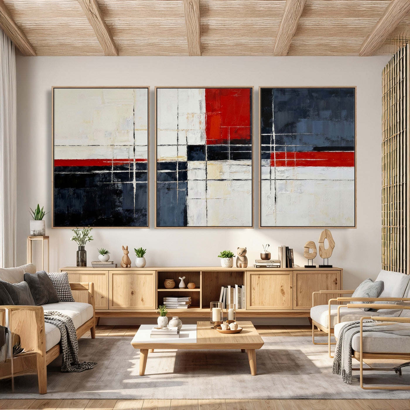 44088165-MGV-CV-36X24 - Navy Red Abstract Wall Art Canvas Print, Modern Luxury Geometric Painting Wall Decor for Living Room and Office