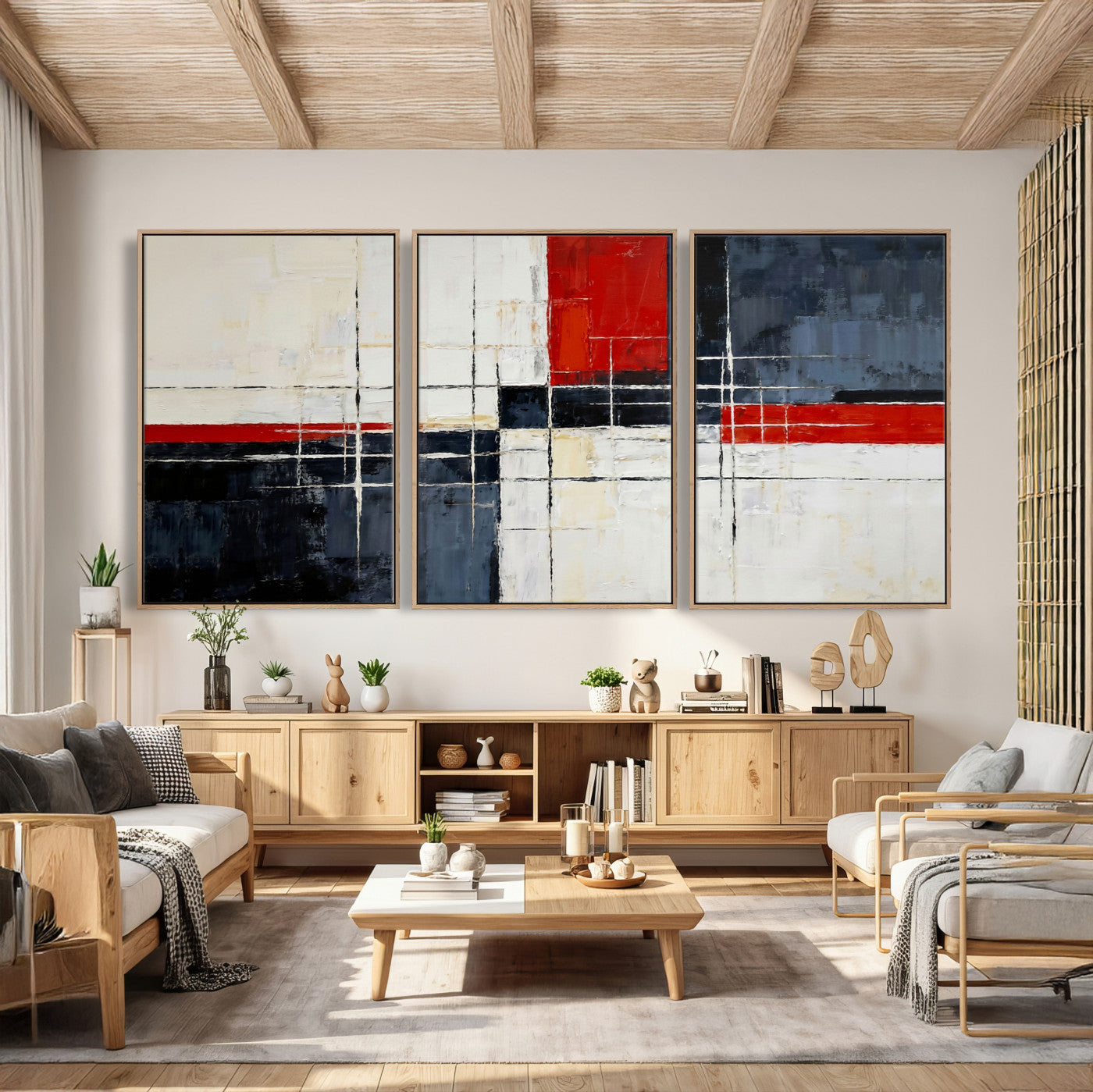 11921181-MGV-CV-36X24 - Navy Red Abstract Wall Art Canvas Print, Modern Luxury Geometric Painting Wall Decor for Living Room and Office