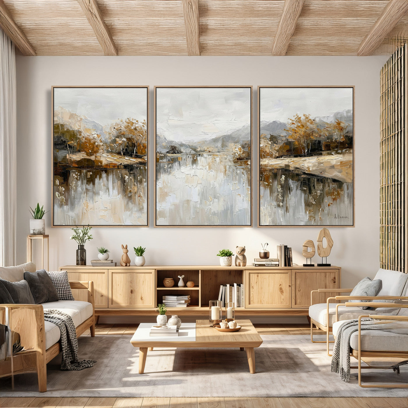 78227690-MGV-CV-36X24 - Neutral Abstract Lake Landscape Wall Art Canvas Print, Modern Minimal River Reflection Canvas Print, Beige Gray Contemporary Nature Art Printing