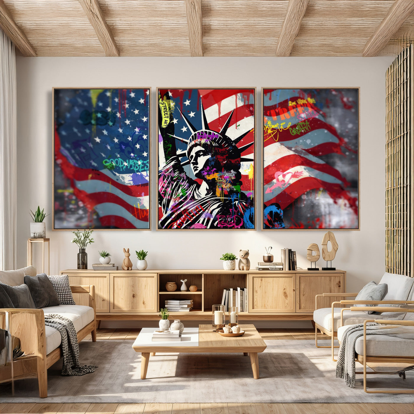 32151941-MGV-CV-36X24 - USA Statue of Liberty Graffiti Street Art Wall Art Canvas Print, American Flag Urban Pop Art Canvas Print, Modern Patriotic Street Art Contemporary Art Printing