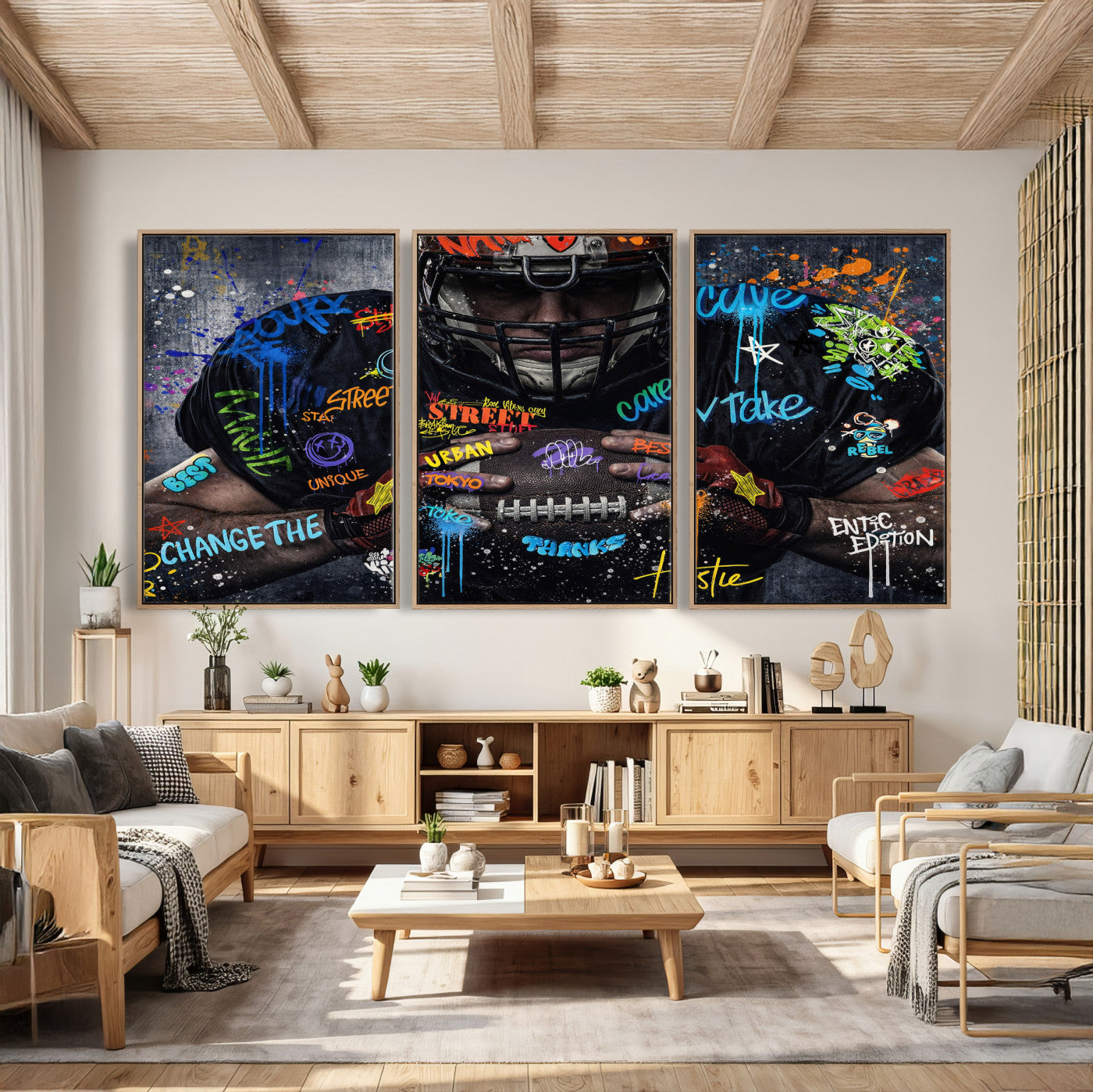 55267256-MGV-CV-36X24 - Graffiti American Football Player Street Art Wall Art Canvas Print, Urban Sports Pop Art Football Canvas Print, Modern Athletic Graffiti Contemporary Art Printing