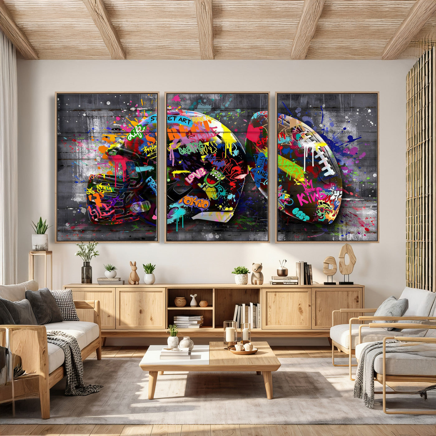 80540773-MGV-CV-36X24 - Graffiti American Football Helmet Street Art Wall Art Canvas Print, Urban Sports Pop Art Football Canvas Print, Colorful Graffiti Sports Contemporary Art Printing