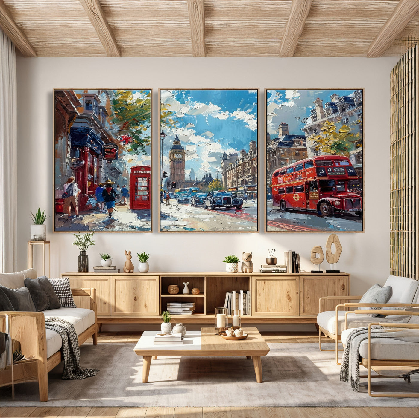 17630888-MGV-CV-36X24 - Modern London City Street Wall Art Canvas Print, Big Ben & Red Bus Artwork Canvas Print