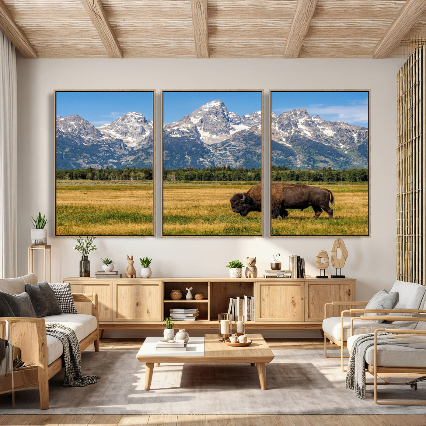 20424529-MGV-CV-36X24 - Bison in Mountain Landscape Wall Art Canvas Print – Western Wildlife Artwork for Rustic Living Room Decor