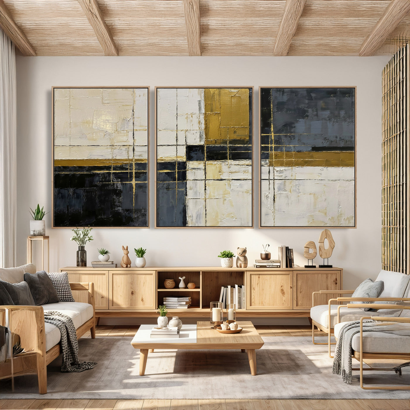 36097945-MGV-CV-36X24 - Abstract Gold and Black Wall Art Canvas Print – Modern Geometric Neutral Artwork for Living Room Decor