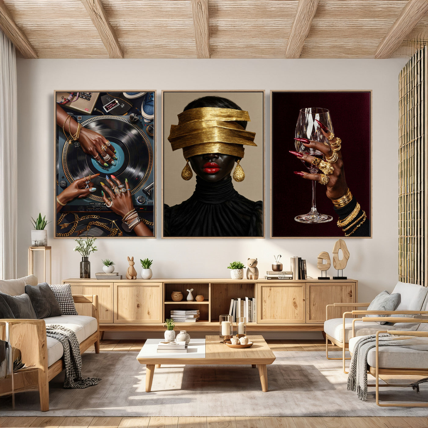 8151788S6-MGV-CV-60X30-3P - Luxury Fashion Wall Art Canvas Print Set of 3, Gold Jewelry Portrait Triptych, Glam Black Woman Modern Artwork