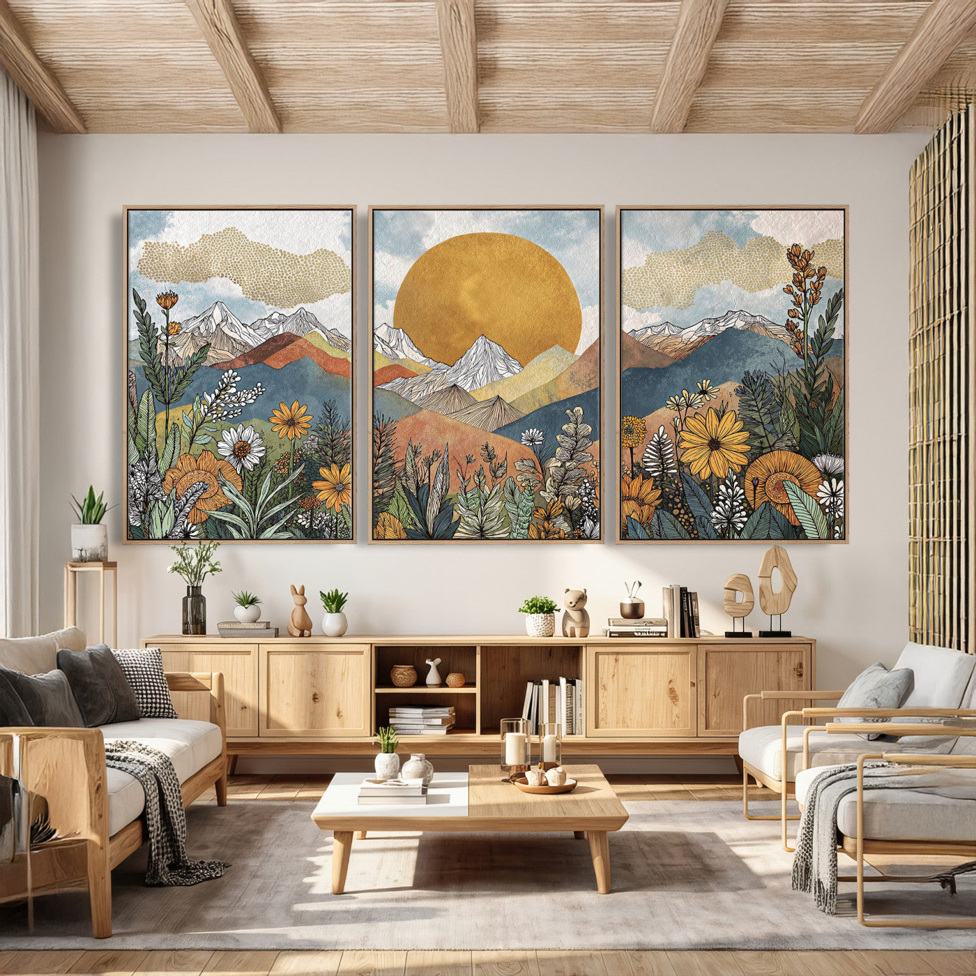 17540863-MGV-CV-36X24 - Boho Mountain Landscape Large Wall Art, Horizontal Gold Framed Canvas Print with Sun and Flowers