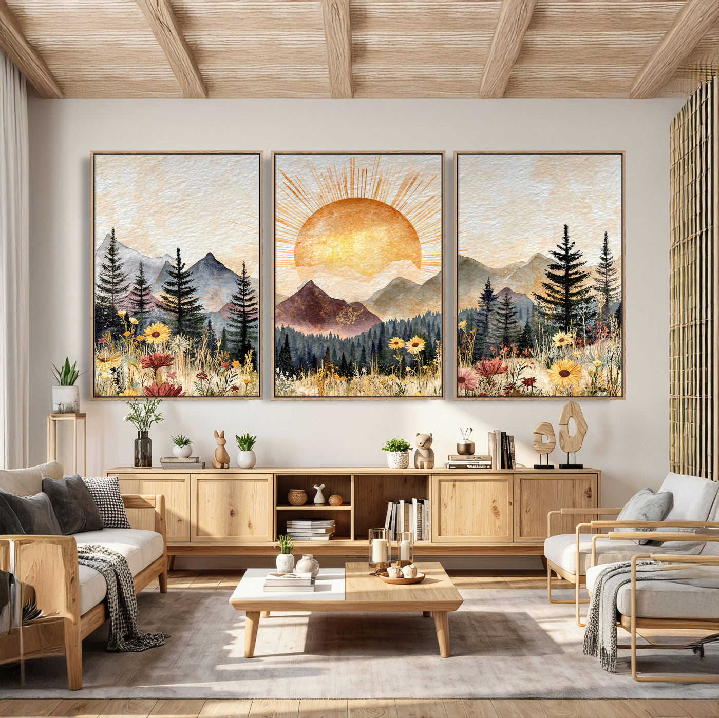 69025244-MGV-CV-36X24 - Boho Mountain Landscape Large Wall Art, Horizontal Gold Framed Canvas Print with Sun and Flowers