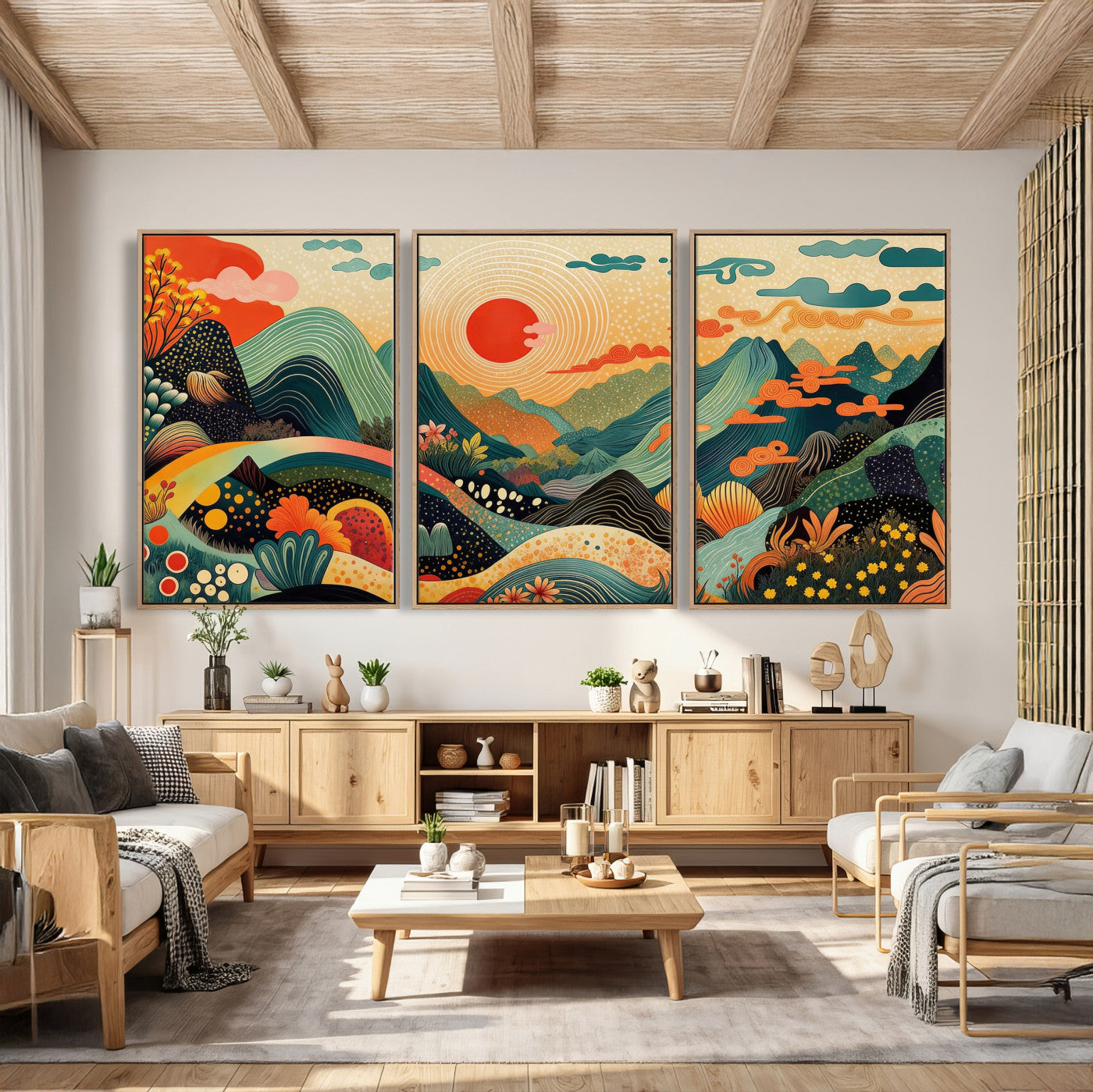 29927191-MGV-CV-36X24 - Yayoi Kusama Boho Mountain Landscape Large Wall Art, Horizontal Gold Framed Canvas Print with Sun and Flowers