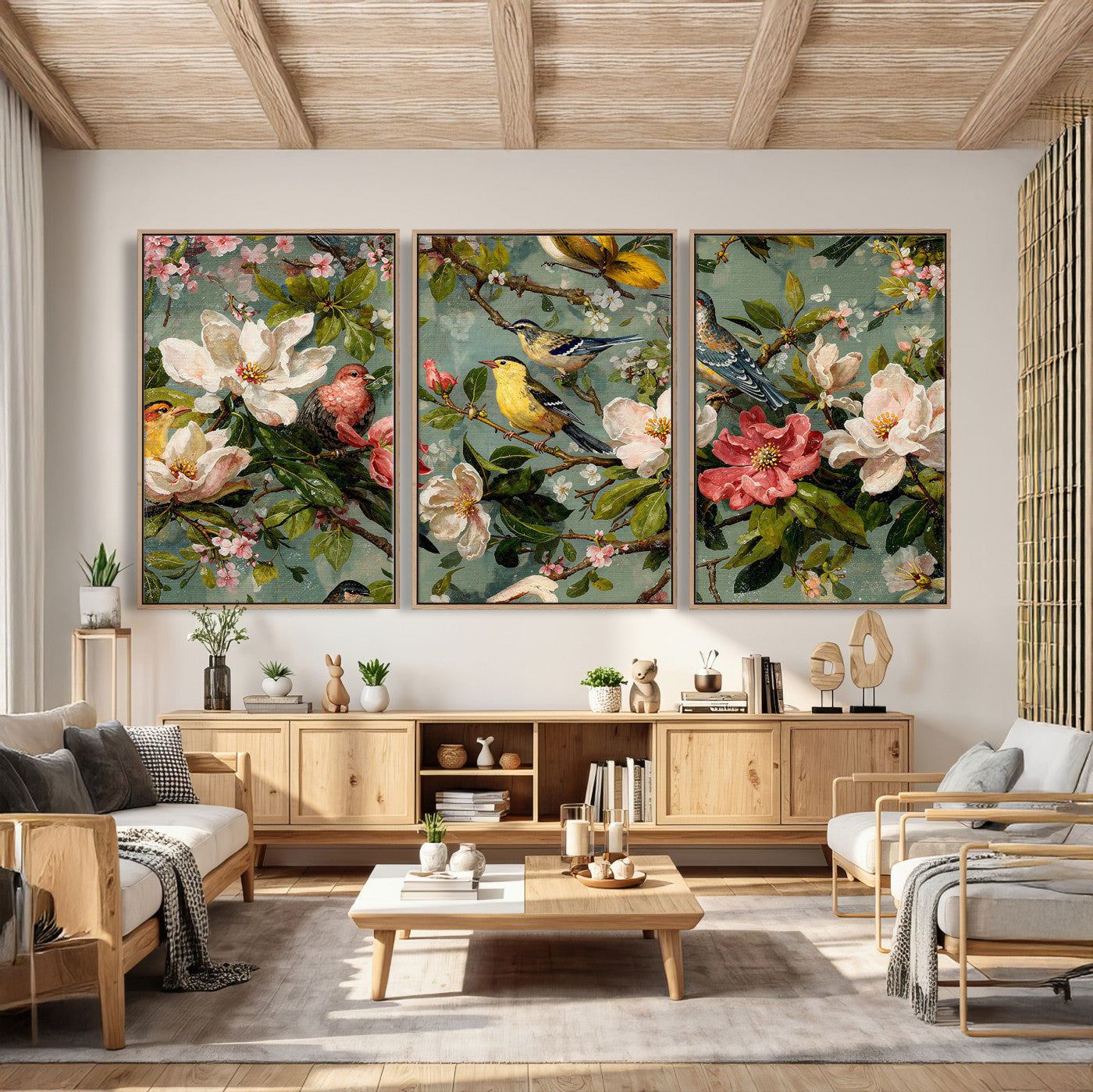 77883606-MGV-CV-36X24 - Vintage Birds and Flowers Wide Wall Art: Extra Large Panoramic Botanical Print