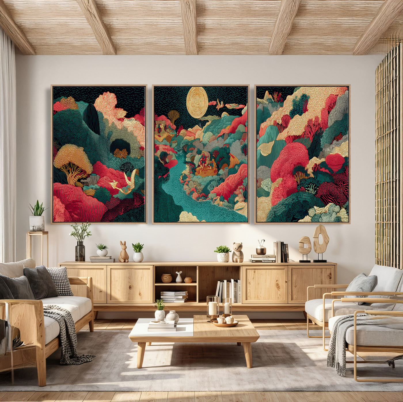 36816259-MGV-CV-48X32-3P - Colorful Japanese Landscape Print: Maximalist Panoramic Wall Art