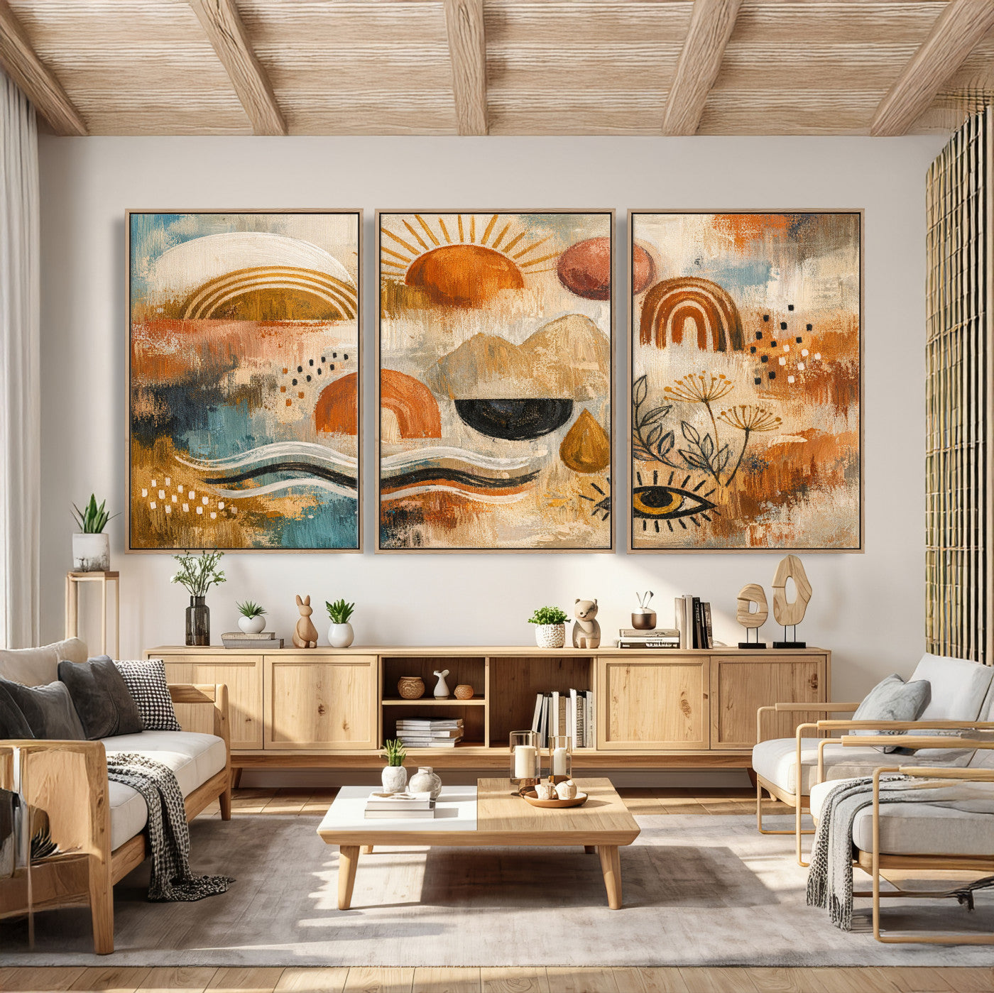 52155239-MGV-CV-36X24 - Geometric Boho Abstract Wall Art Canvas Print, Orange Blue Abstract Expressionist Painting Print, Modern Geometric Abstract Canvas Art