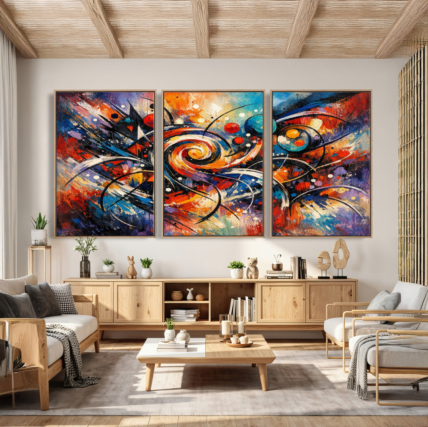 60193267-MGV-CV-36X24 - Geometric Abstract Wall Art Canvas Print, Orange Blue Abstract Expressionist Painting Print, Modern Geometric Abstract Canvas Art