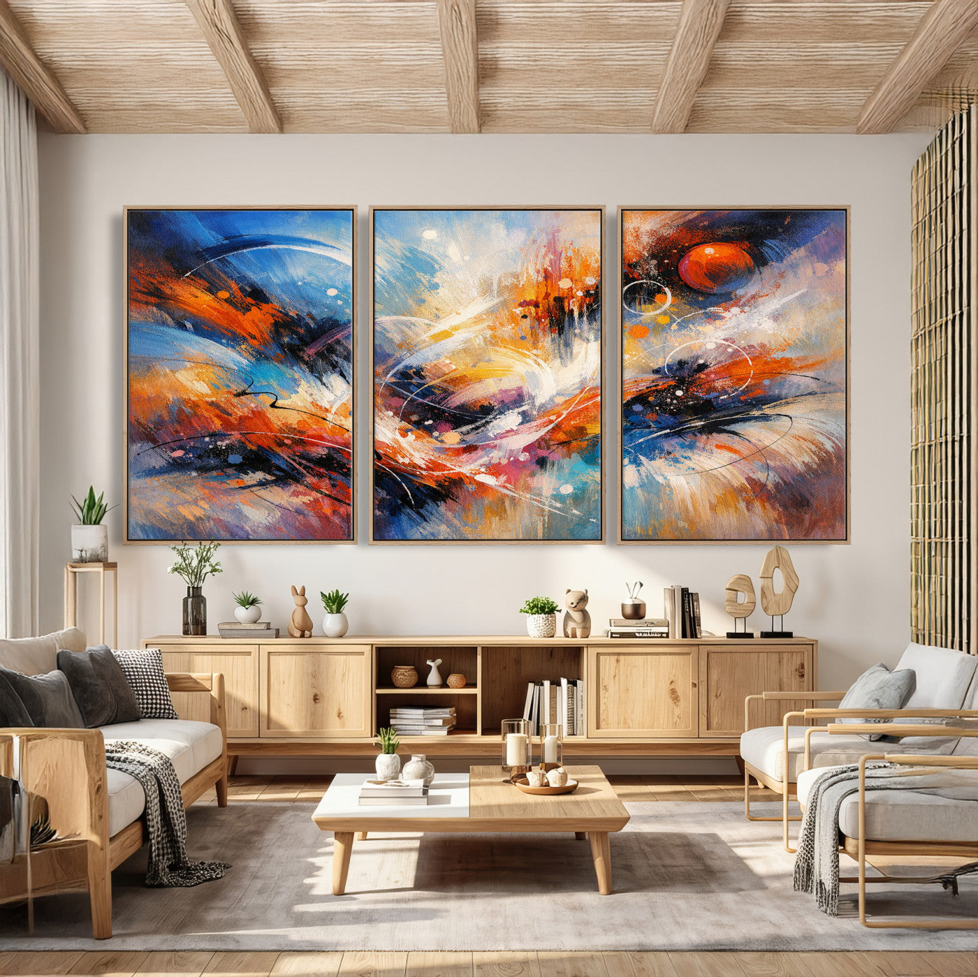 47770355-MGV-CV-36X24 - Geometric Abstract Wall Art Canvas Print, Orange Blue Abstract Expressionist Painting Print, Modern Geometric Abstract Canvas Art