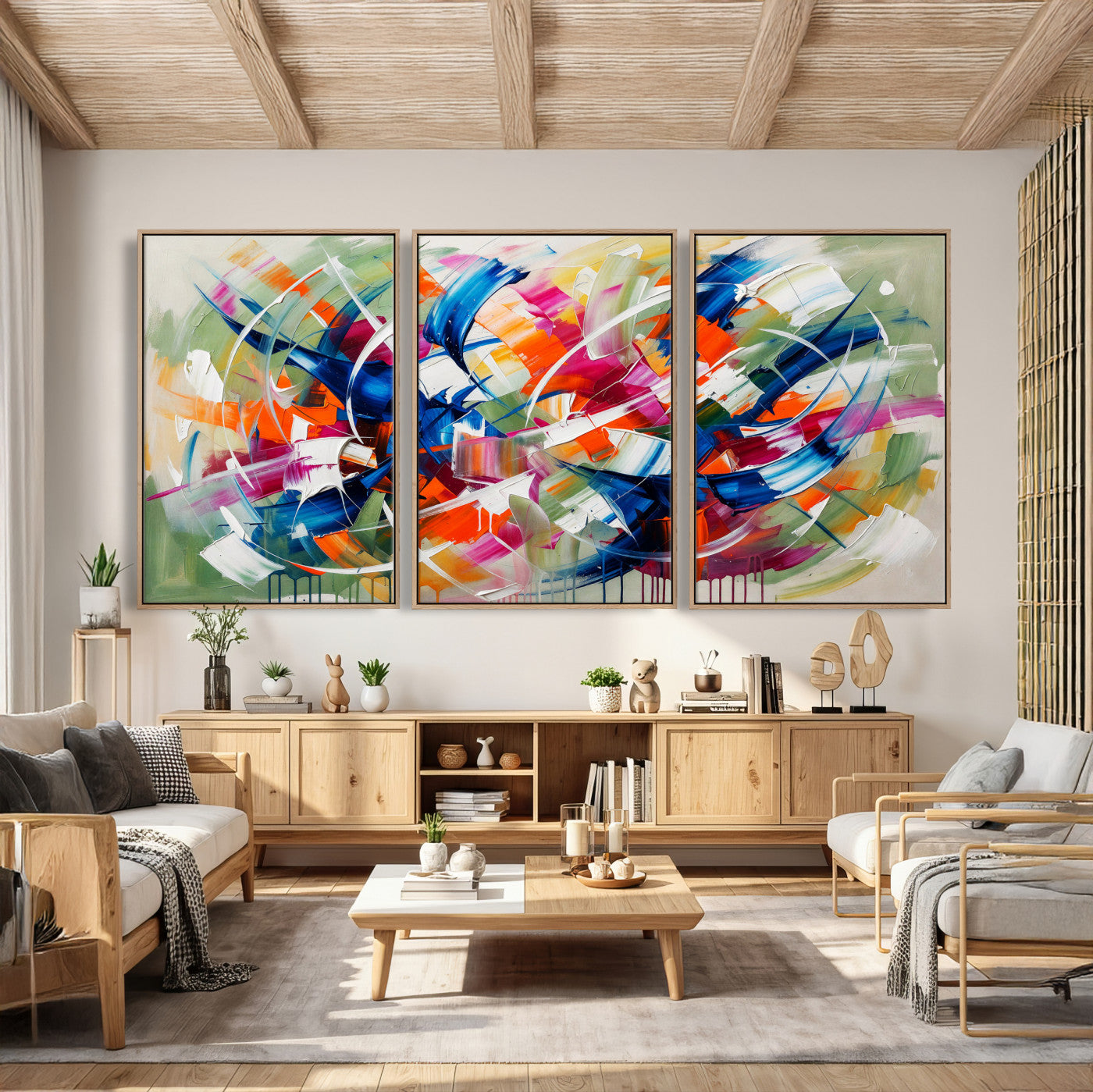 15032888-MGV-CV-36X24 - Geometric Abstract Wall Art Canvas Print, Orange Blue Abstract Expressionist Painting Print, Modern Geometric Abstract Canvas Art