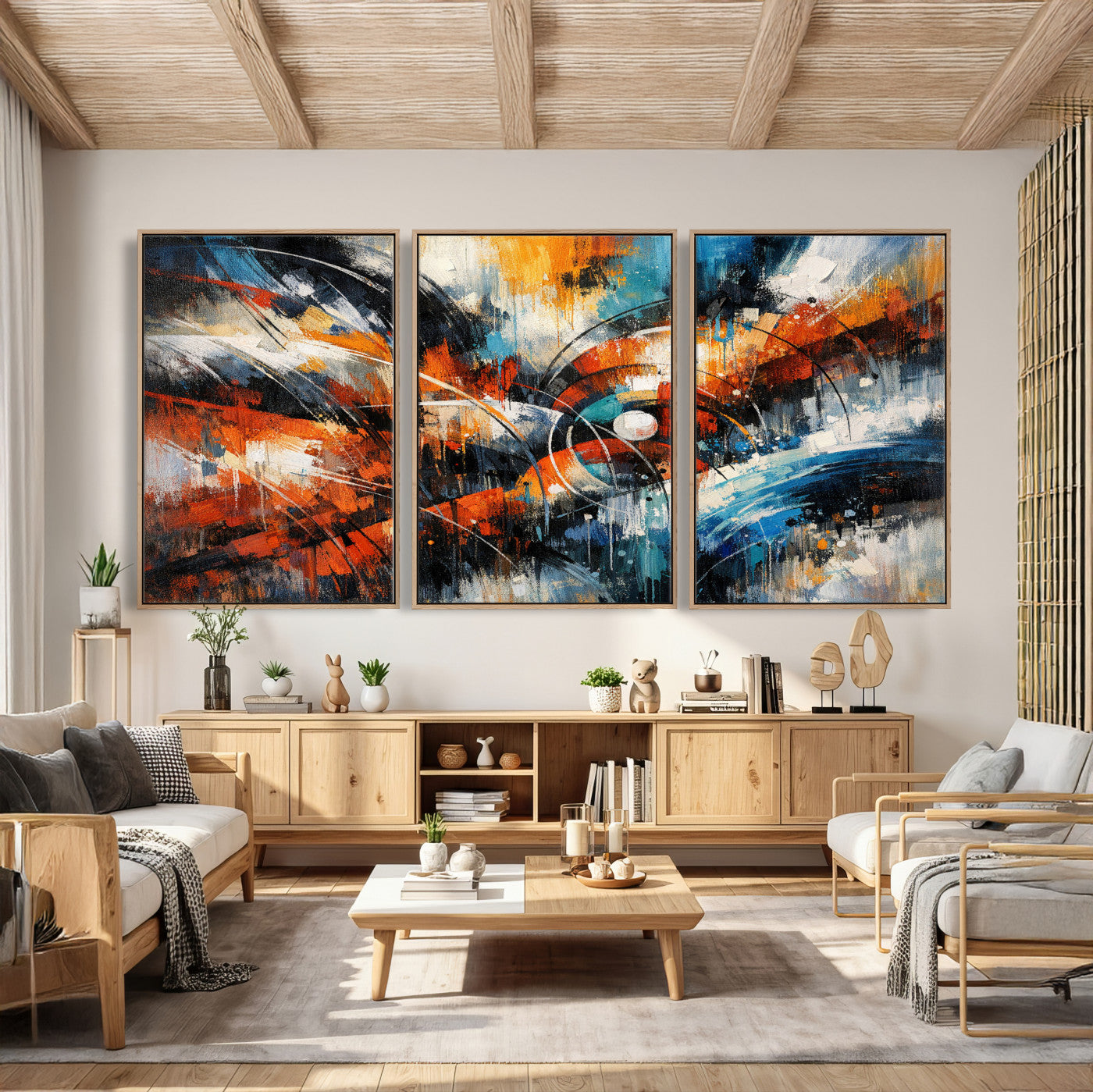 47120691-MGV-CV-36X24 - Geometric Abstract Wall Art Canvas Print, Orange Blue Abstract Expressionist Painting Print, Modern Geometric Abstract Canvas Art