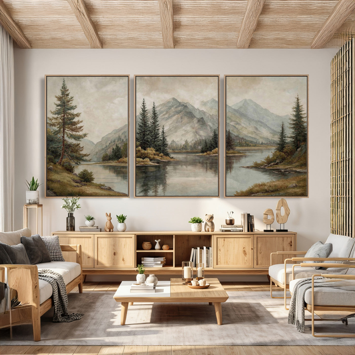 4712069V1-MGV-CV-60X30-3P - Vintage Mountain Landscape Wall Art Canvas Print Set, Rustic Nature Triptych Canvas, Neutral Lake Forest Mountain Wall Decor