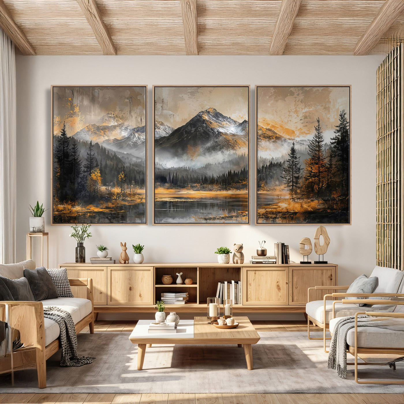 4712069D1-MGV-CV-36X24 - Mountain Lake Canvas Wall Art — Rustic Forest Landscape Print | Gold Grey Nature Decor | Cabin Wall Art | Large Wilderness Art Print Gift