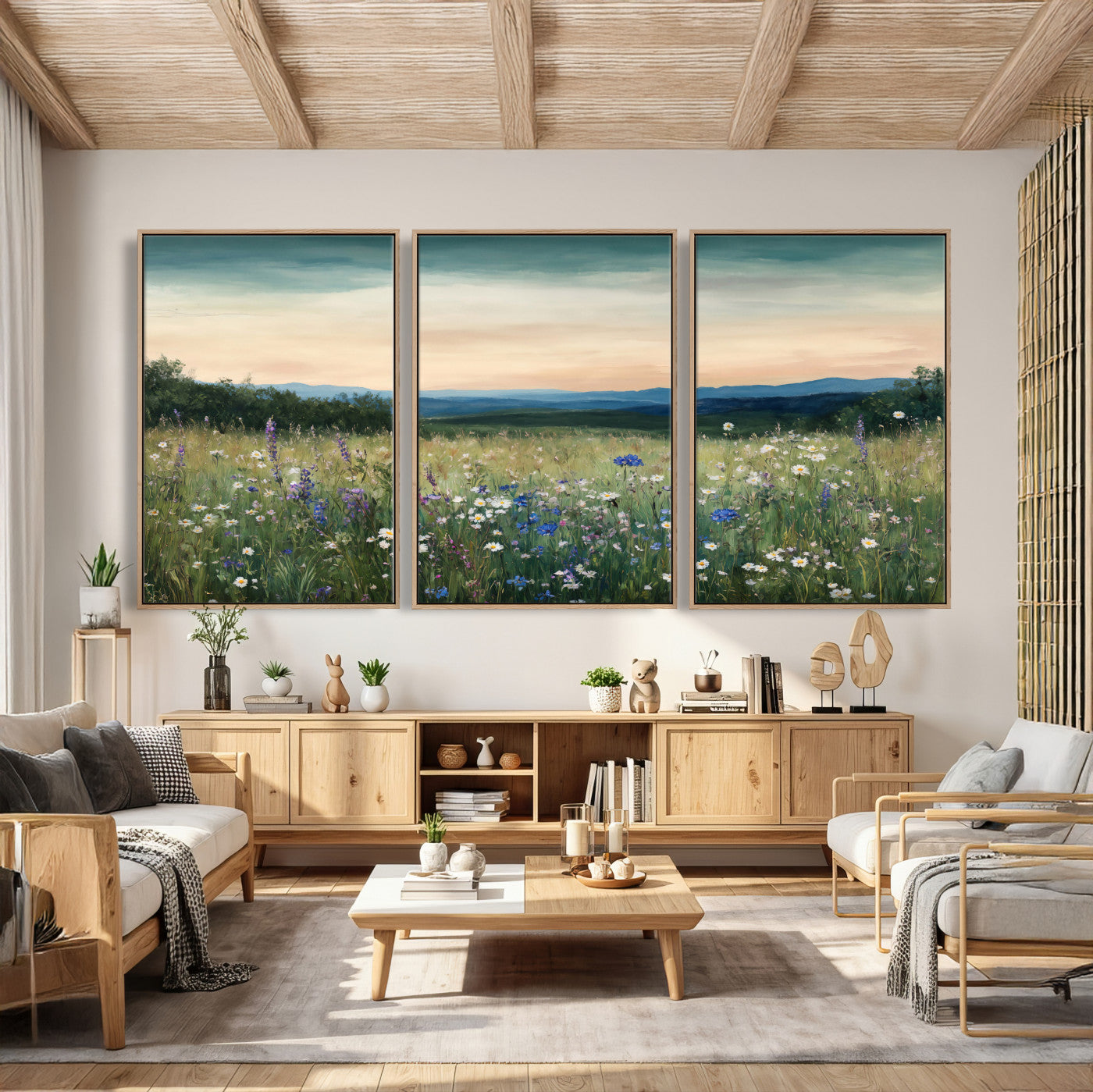 35773805-MGV-CV-36X24 - Wildflower Meadow Oil Painting Canvas — Daisy Lavender Mountain Sunset Print | Cottagecore Floral Wall Art | Bedroom Decor Gift for Her