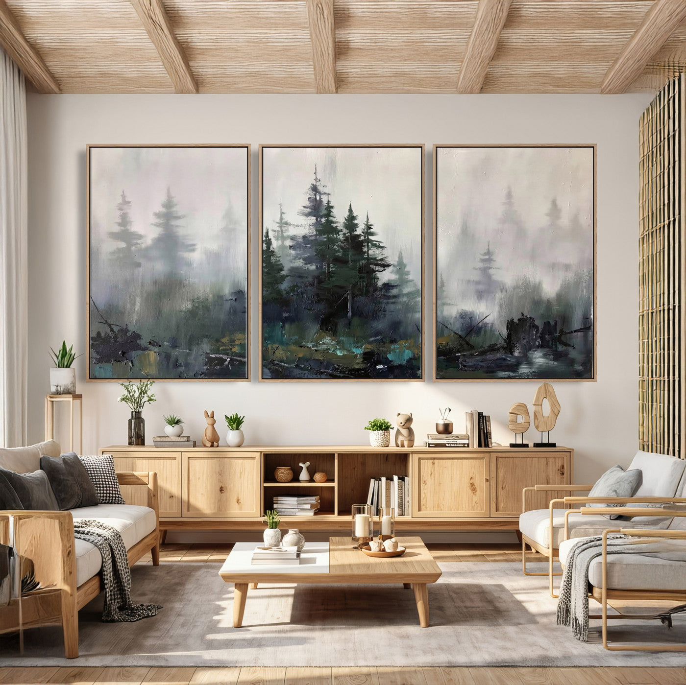 94143325-MGV-CV-36X24 - Misty Pine Forest Oil Painting Canvas — Dark Moody Teal Grey Tree Print | Japandi Scandinavian Wall Art | Minimalist Nature Decor Gift