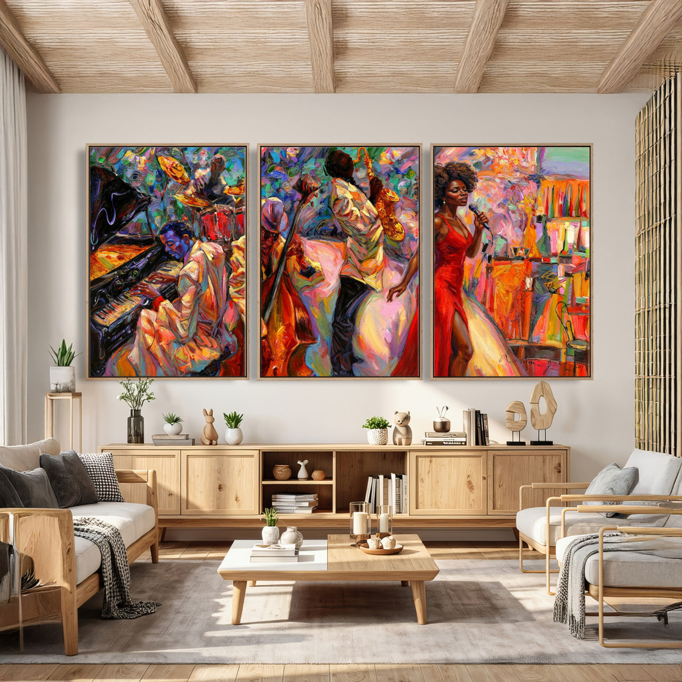 72615137-MGV-CV-36X24 - African American Jazz Singer Canvas Art - Red Dress Black Woman Music Print | Colorful Jazz Band Wall Decor | Living Room Gift for Her