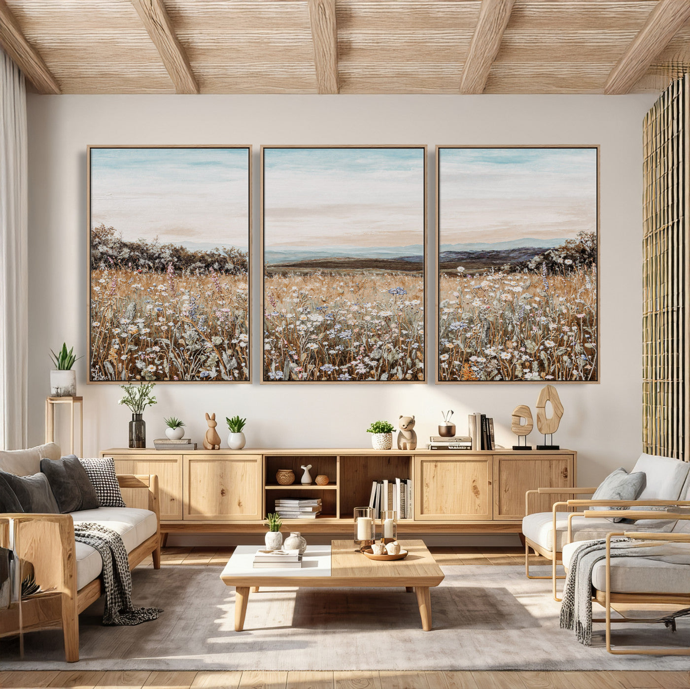 F35773805-MGV-CV-36X24 - Neutral Wildflower Field Canvas Wall Art — Beige Earth Tone Botanical Meadow Print | Farmhouse Boho Decor | Bedroom Living Room Gift Her