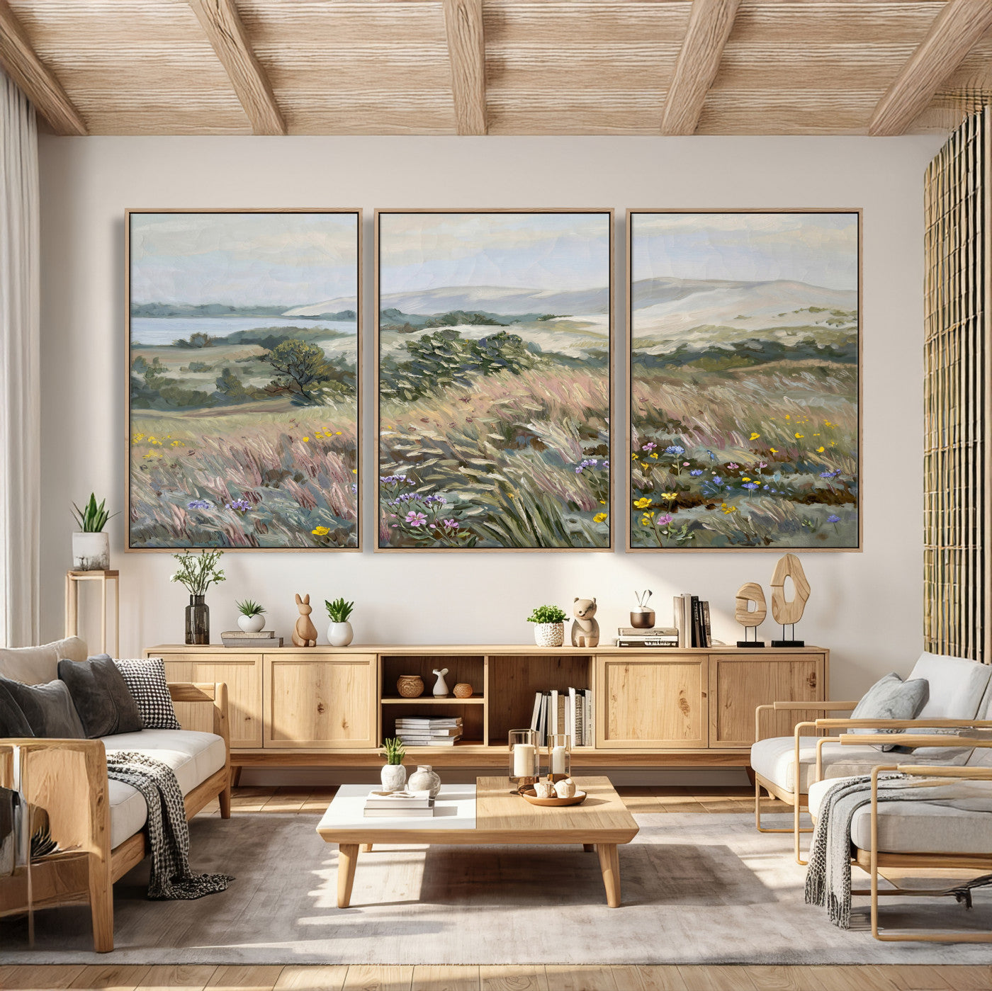 18013232-MGV-CV-36X24 - Katie Staples Hillside Canvas Wall Art — Coastal Wildflower Dune Oil Painting Print | Muted Green Nature Decor | Plein Air Landscape Gift