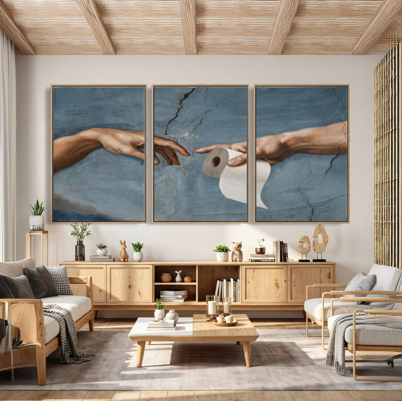 42648143-MGV-CV-36X24 - Funny Bathroom Canvas Wall Art, Michelangelo Creation of Adam Toilet Paper Parody, Renaissance Humor Print, Quirky Housewarming Gift, Toilet Room Decor