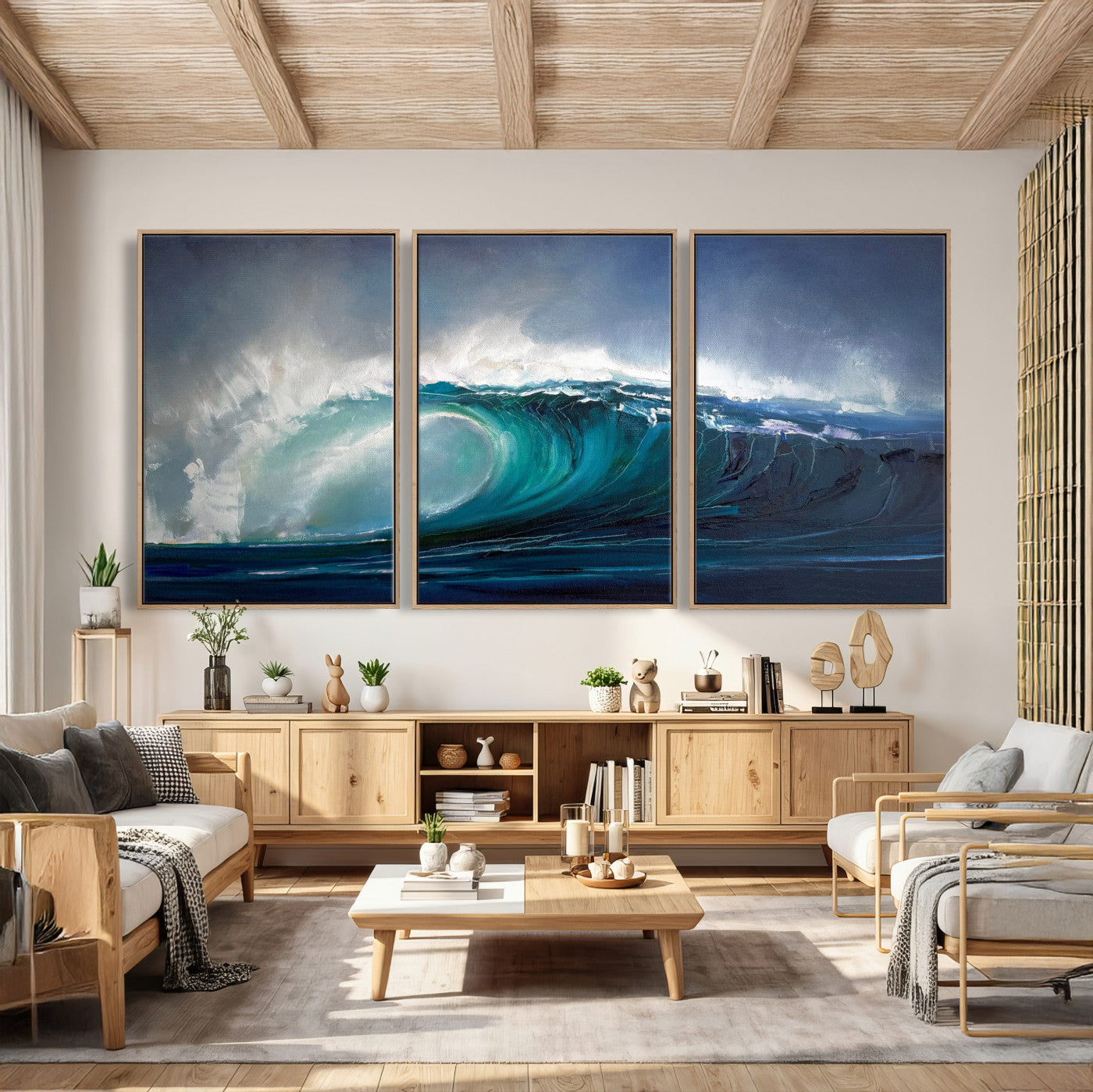35491180-MGV-CV-60X30-3P - Ocean Wave Canvas Wall Art, Dramatic Teal Blue Seascape Oil Painting Print, Stormy Sea Coastal Decor, Large Beach House Art, Surf Wave Statement Art