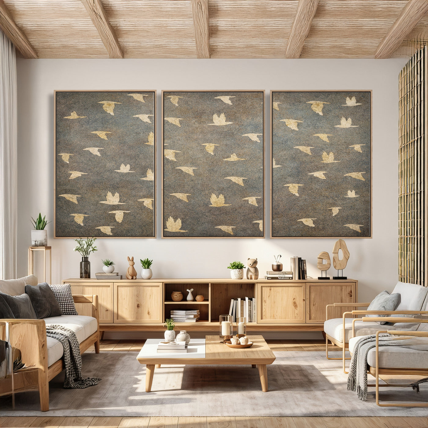74076164-MGV-CV-36X24 - Flying Birds Canvas Wall Art, Vintage Bird Flock Pattern Print, Grey Gold Abstract Nature Decor, Rustic Bird Silhouette Art, Boho Living Room Decor