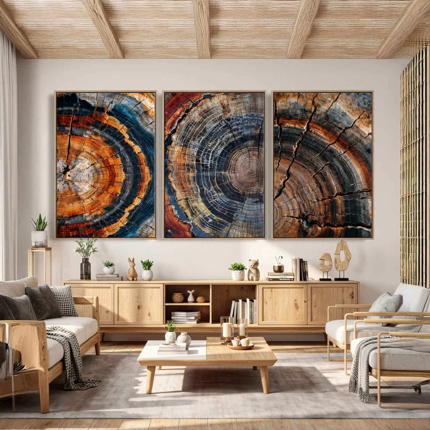 53873594-MGV-CV-60X30-3P - Tree Ring Canvas Wall Art, Wood Cross Section Triptych Print, Rustic Nature Abstract Decor, Earthy Boho Wall Art, Modern Farmhouse Living Room